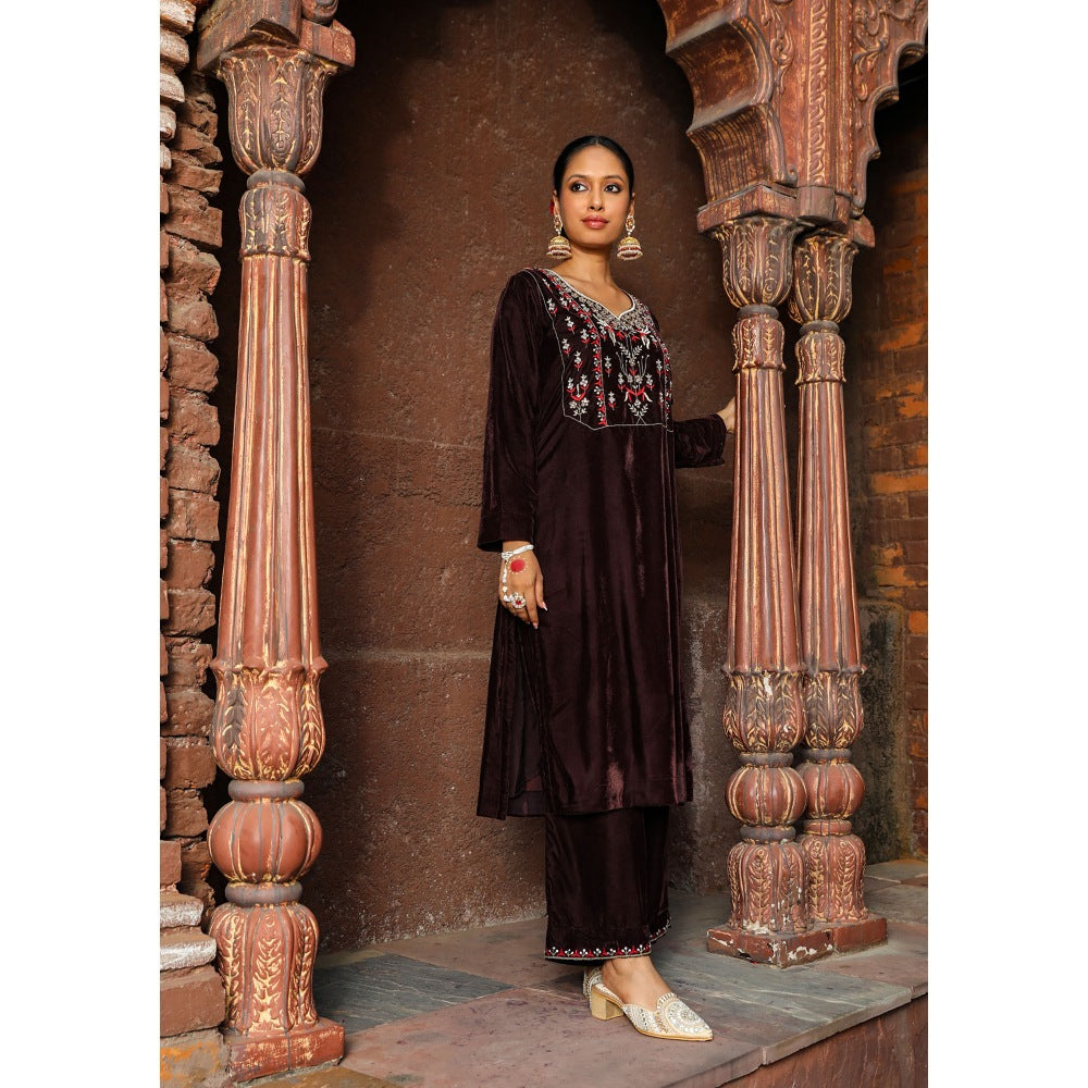 House of Chikankari Rumi Embroidered Velvet Brown Straight Kurta with Palazzo (Set of 2)
