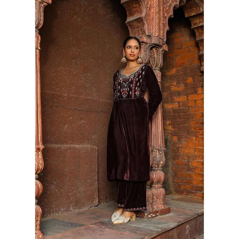 House of Chikankari Rumi Embroidered Velvet Brown Straight Kurta with Palazzo (Set of 2)