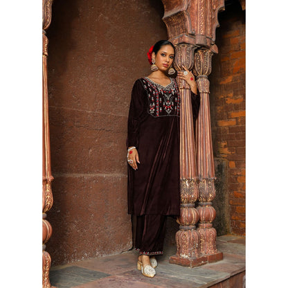 House of Chikankari Rumi Embroidered Velvet Brown Straight Kurta with Palazzo (Set of 2)