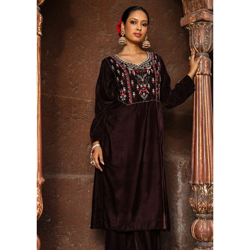 House of Chikankari Rumi Embroidered Velvet Brown Straight Kurta with Palazzo (Set of 2)