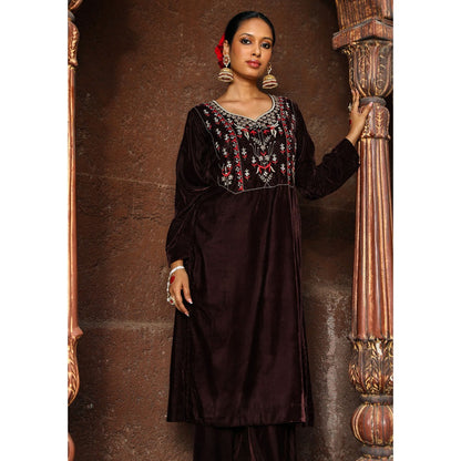 House of Chikankari Rumi Embroidered Velvet Brown Straight Kurta with Palazzo (Set of 2)