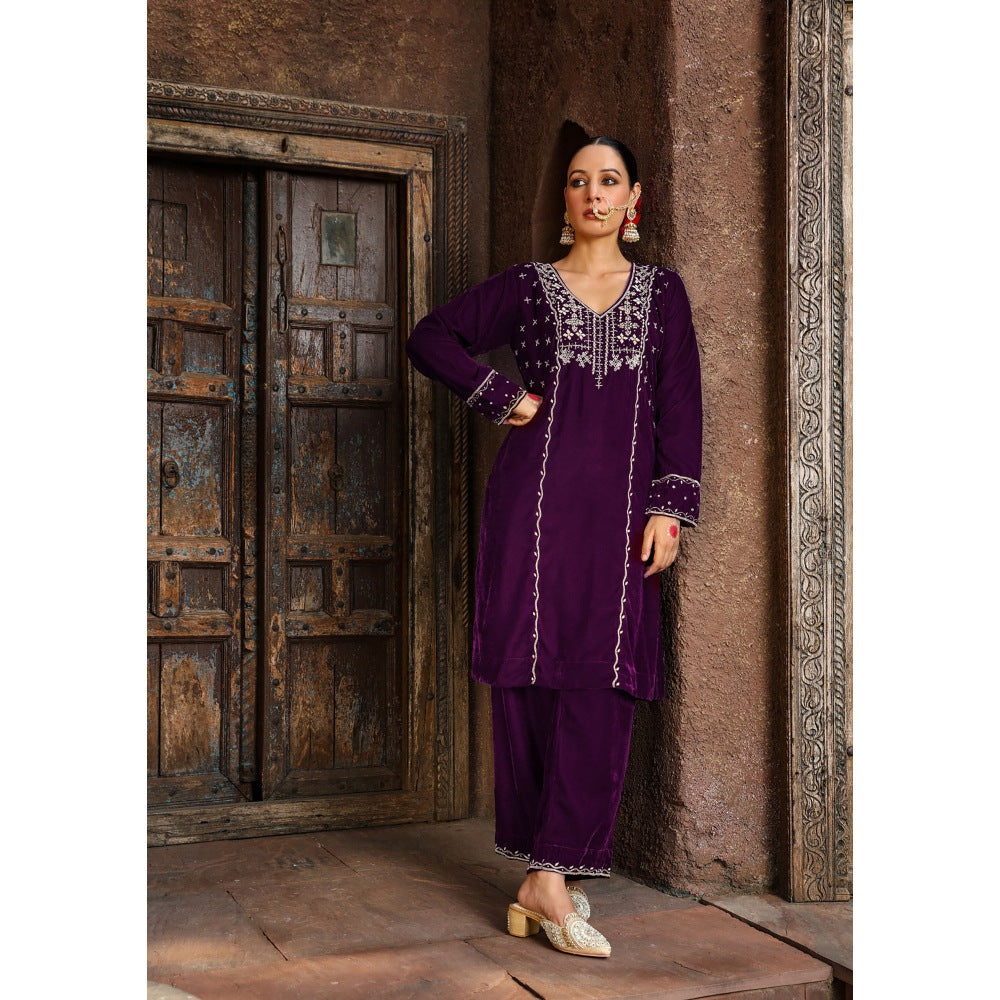 House of Chikankari Rumi Embroidered Velvet Purple Straight Kurta with Palazzo (Set of 2)