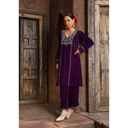 House of Chikankari Rumi Embroidered Velvet Purple Straight Kurta with Palazzo (Set of 2)
