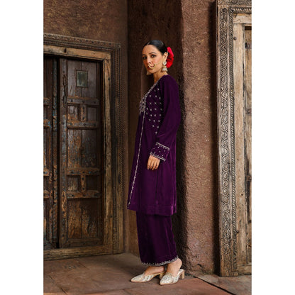 House of Chikankari Rumi Embroidered Velvet Purple Straight Kurta with Palazzo (Set of 2)