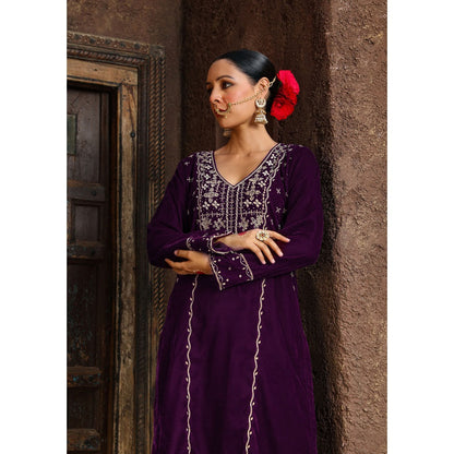 House of Chikankari Rumi Embroidered Velvet Purple Straight Kurta with Palazzo (Set of 2)