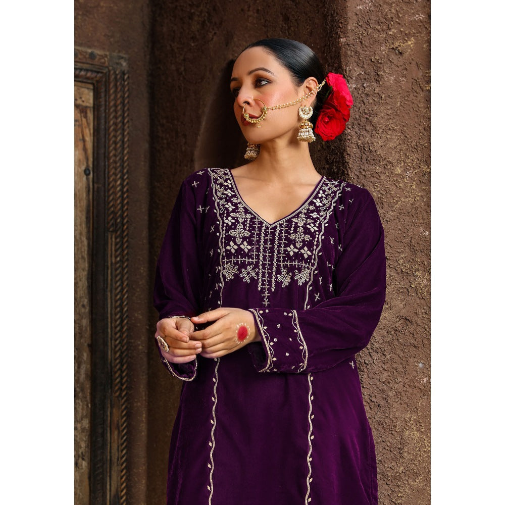 House of Chikankari Rumi Embroidered Velvet Purple Straight Kurta with Palazzo (Set of 2)