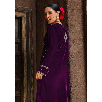 House of Chikankari Rumi Embroidered Velvet Purple Straight Kurta with Palazzo (Set of 2)
