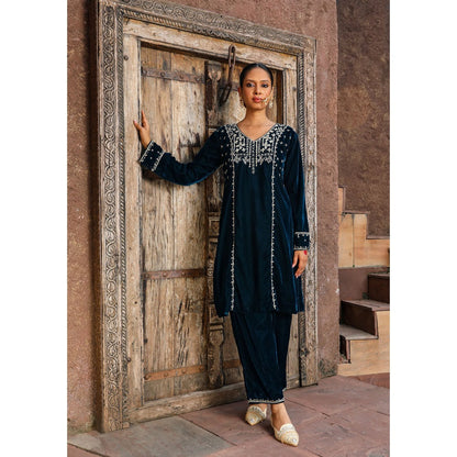 House of Chikankari Rumi Embroidered Velvet Blue Straight Kurta with Palazzo (Set of 2)