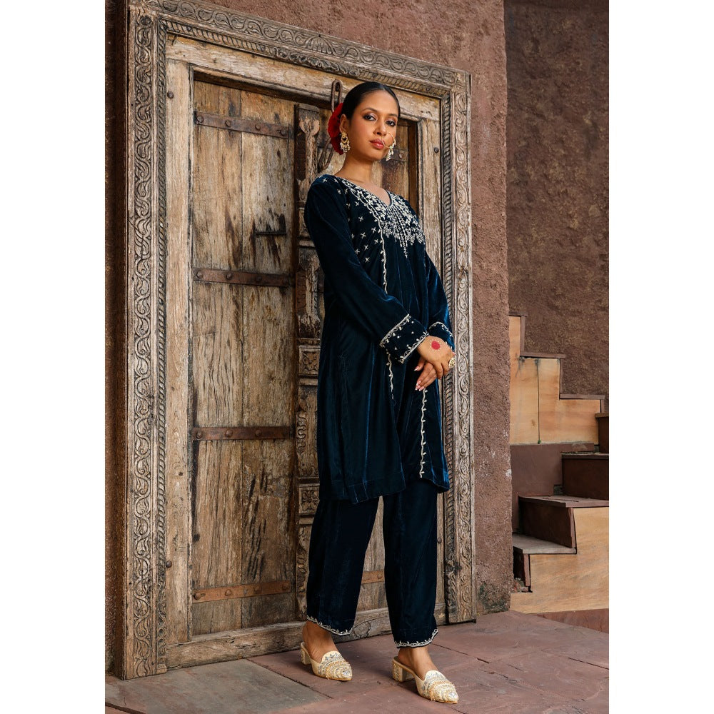 House of Chikankari Rumi Embroidered Velvet Blue Straight Kurta with Palazzo (Set of 2)