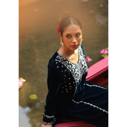 House of Chikankari Rumi Embroidered Velvet Blue Straight Kurta with Palazzo (Set of 2)