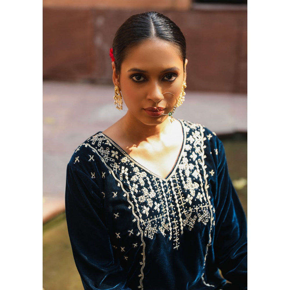 House of Chikankari Rumi Embroidered Velvet Blue Straight Kurta with Palazzo (Set of 2)