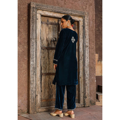 House of Chikankari Rumi Embroidered Velvet Blue Straight Kurta with Palazzo (Set of 2)