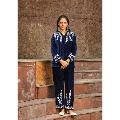 House of Chikankari Rumi Chikankari Velvet Navy Blue Straight Shirt with Pant (Set of 2)