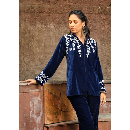 House of Chikankari Rumi Chikankari Velvet Navy Blue Straight Shirt with Pant (Set of 2)