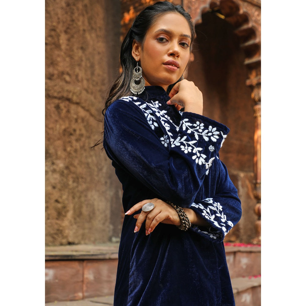 House of Chikankari Rumi Chikankari Velvet Navy Blue Straight Shirt with Pant (Set of 2)