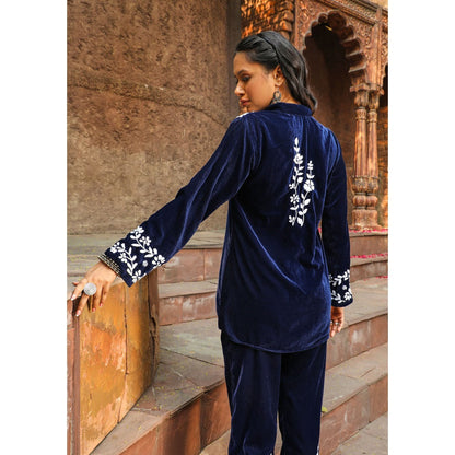 House of Chikankari Rumi Chikankari Velvet Navy Blue Straight Shirt with Pant (Set of 2)