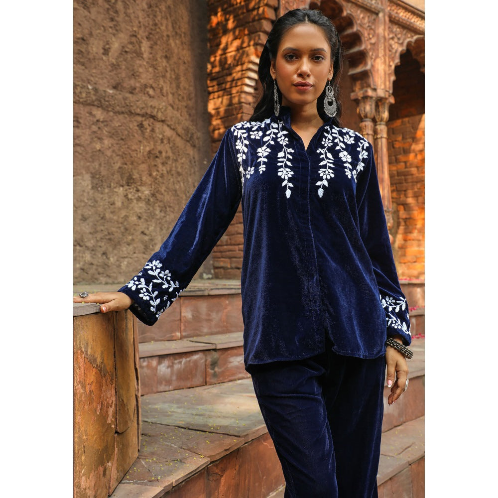 House of Chikankari Rumi Chikankari Velvet Navy Blue Straight Shirt with Pant (Set of 2)