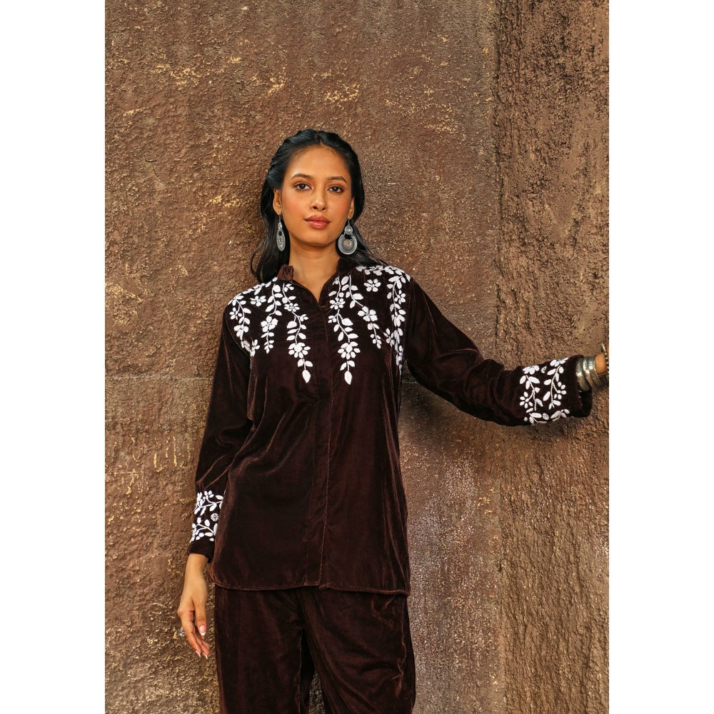 House of Chikankari Rumi Chikankari Velvet Brown Straight Shirt with Pant (Set of 2)