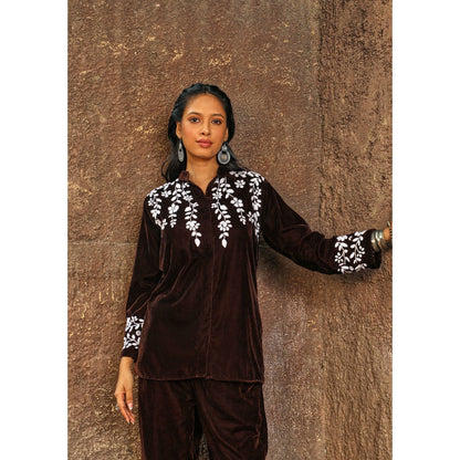 House of Chikankari Rumi Chikankari Velvet Brown Straight Shirt with Pant (Set of 2)