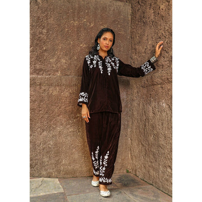 House of Chikankari Rumi Chikankari Velvet Brown Straight Shirt with Pant (Set of 2)
