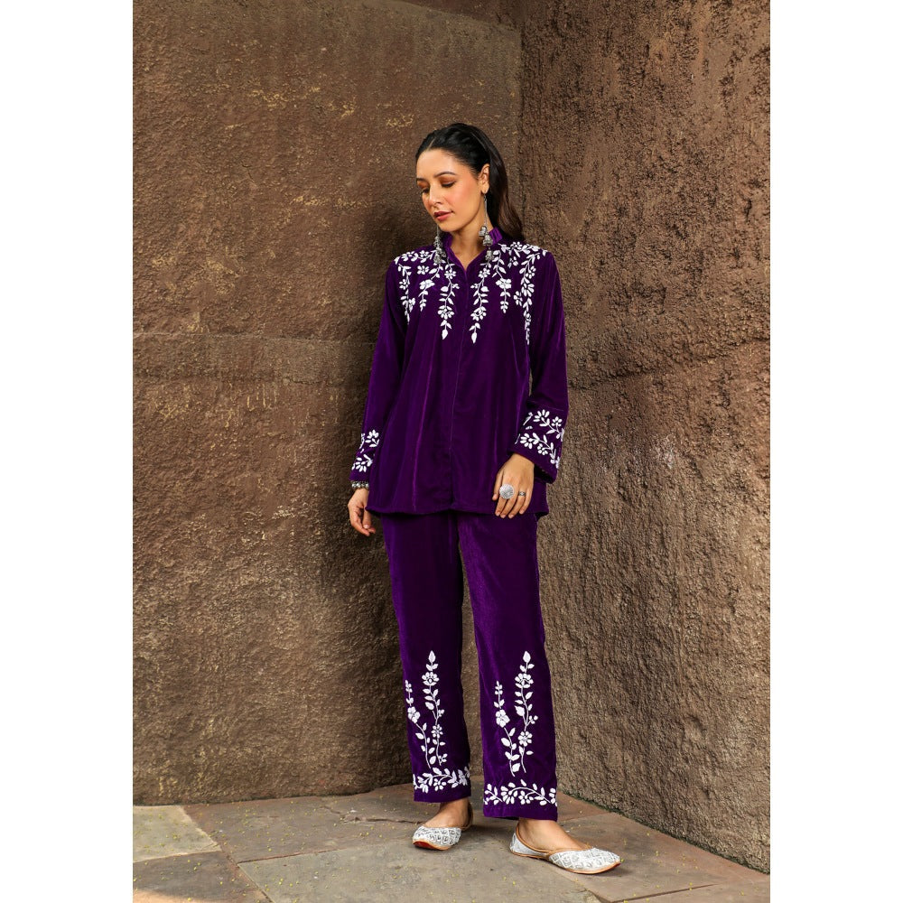 House of Chikankari Rumi Chikankari Velvet Purple Straight Shirt with Pant (Set of 2)