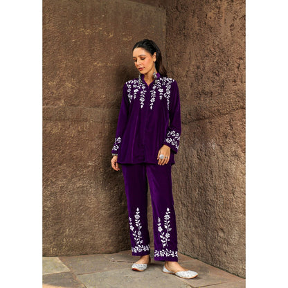 House of Chikankari Rumi Chikankari Velvet Purple Straight Shirt with Pant (Set of 2)