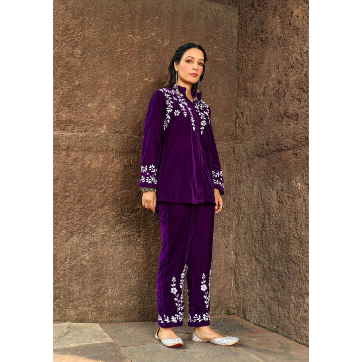 House of Chikankari Rumi Chikankari Velvet Purple Straight Shirt with Pant (Set of 2)