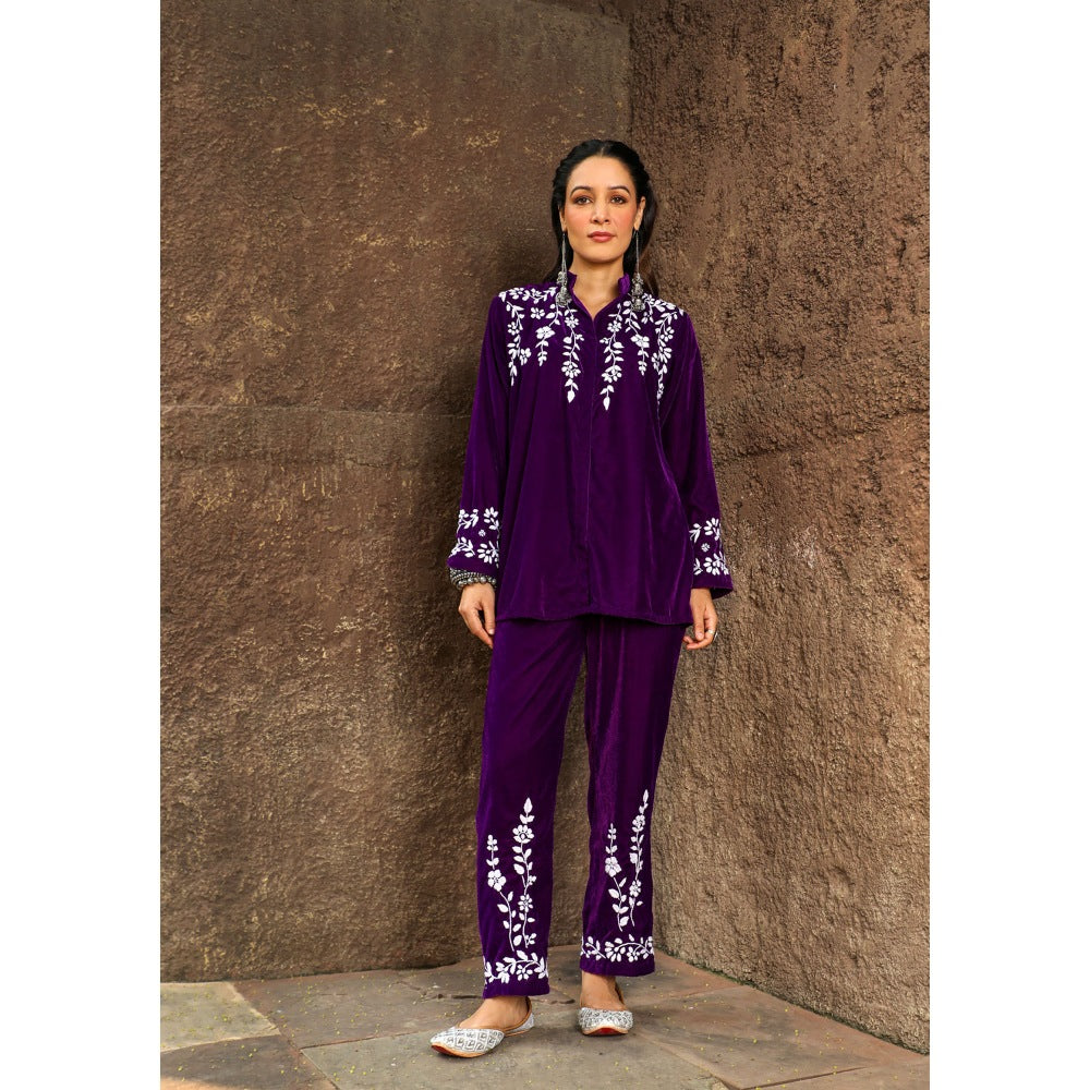 House of Chikankari Rumi Chikankari Velvet Purple Straight Shirt with Pant (Set of 2)