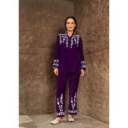 House of Chikankari Rumi Chikankari Velvet Purple Straight Shirt with Pant (Set of 2)