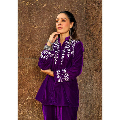 House of Chikankari Rumi Chikankari Velvet Purple Straight Shirt with Pant (Set of 2)
