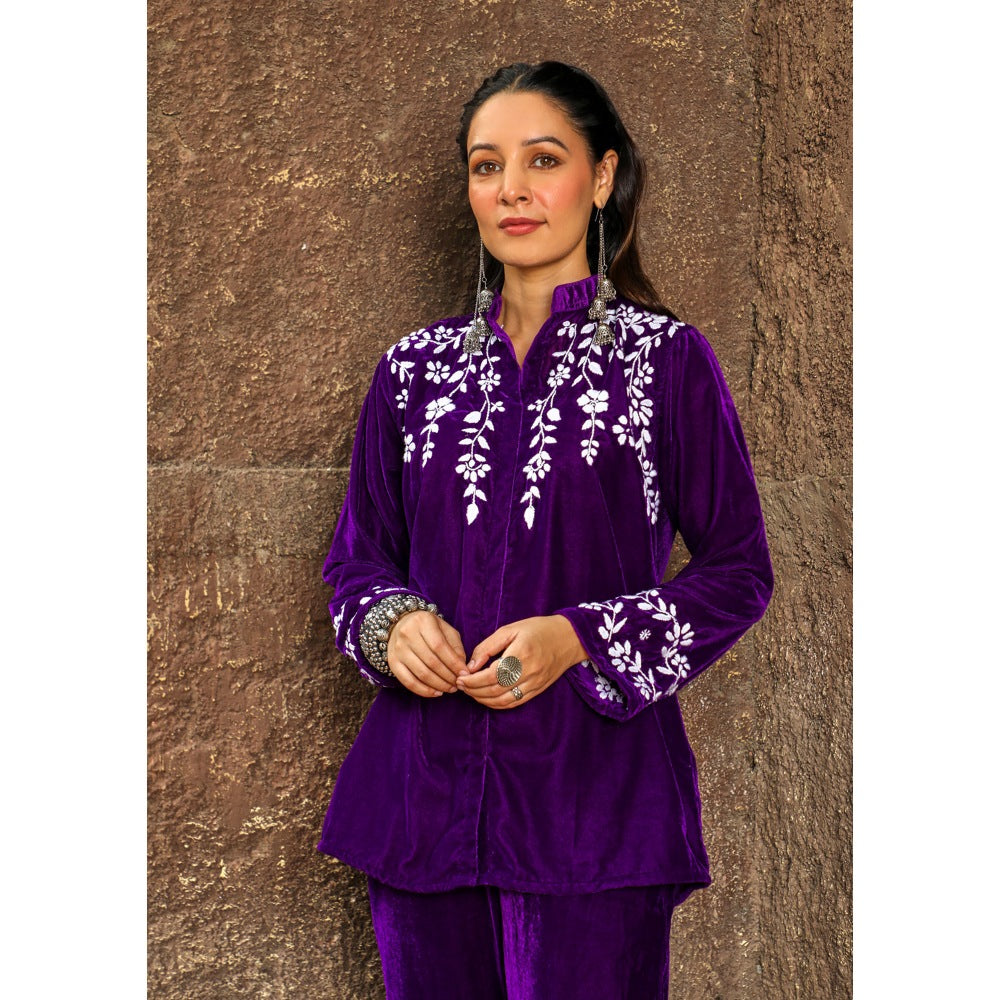 House of Chikankari Rumi Chikankari Velvet Purple Straight Shirt with Pant (Set of 2)