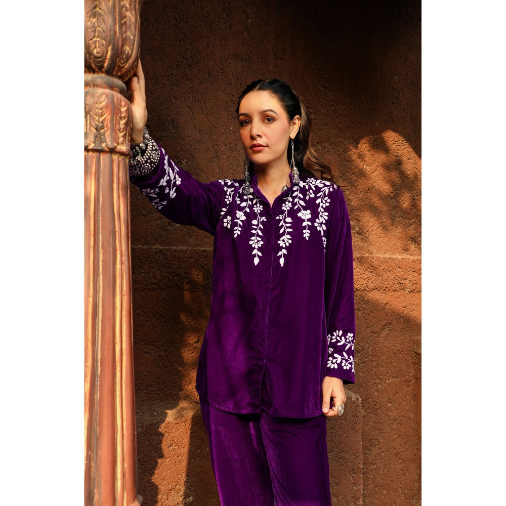 House of Chikankari Rumi Chikankari Velvet Purple Straight Shirt with Pant (Set of 2)