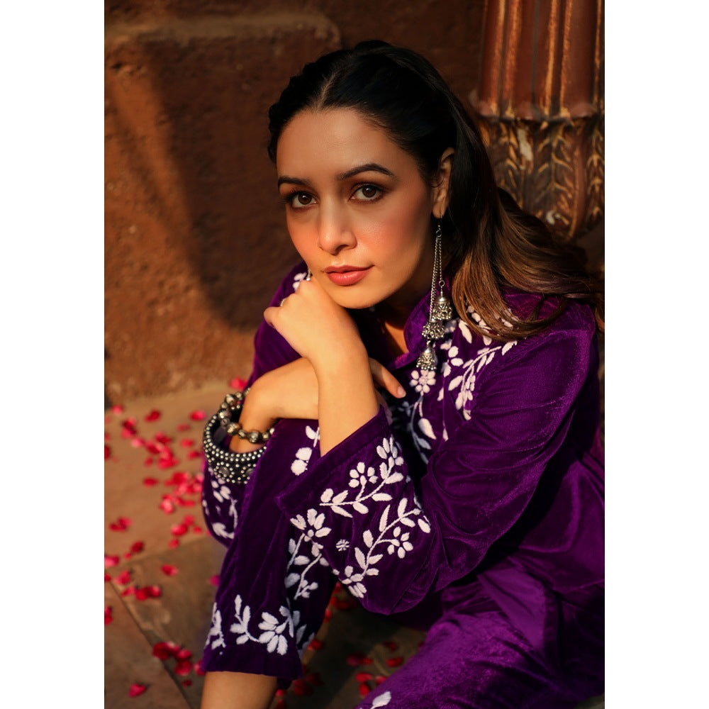 House of Chikankari Rumi Chikankari Velvet Purple Straight Shirt with Pant (Set of 2)