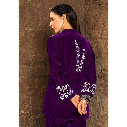 House of Chikankari Rumi Chikankari Velvet Purple Straight Shirt with Pant (Set of 2)