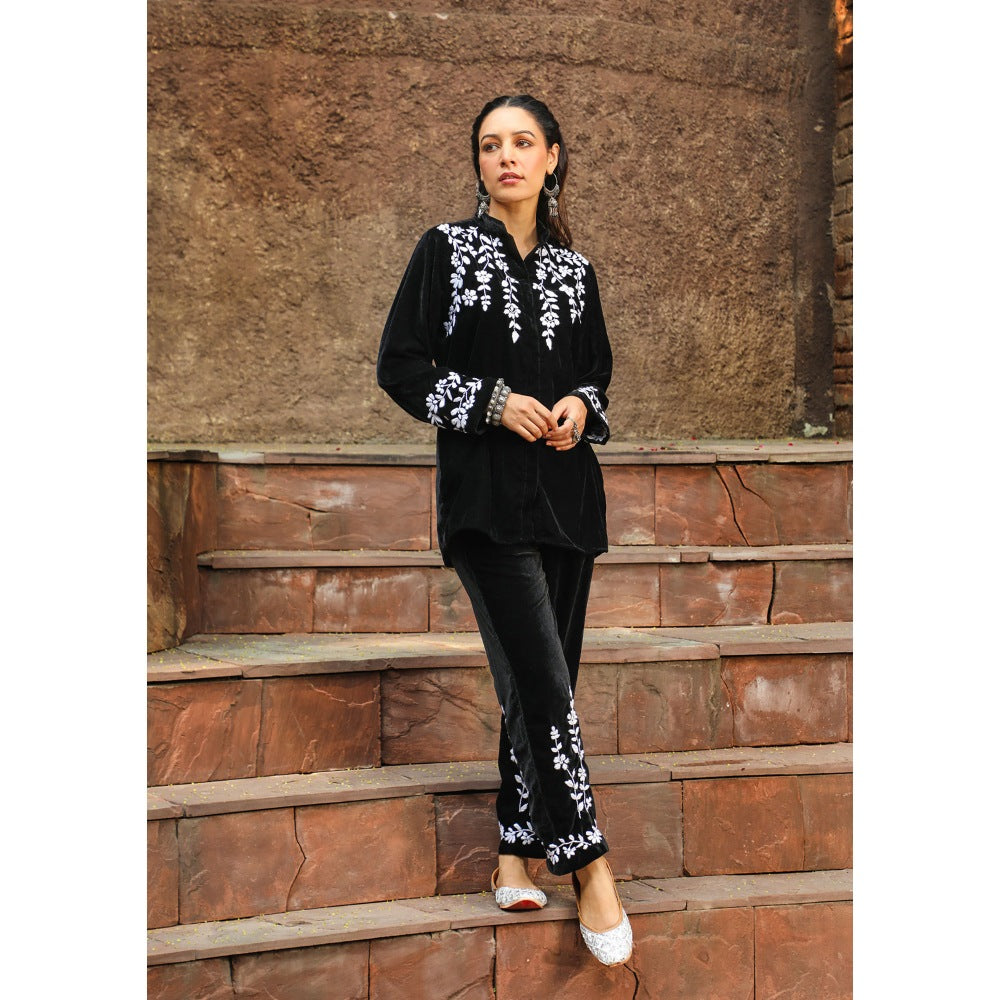 House of Chikankari Rumi Chikankari Velvet Black Straight Shirt with Pant (Set of 2)