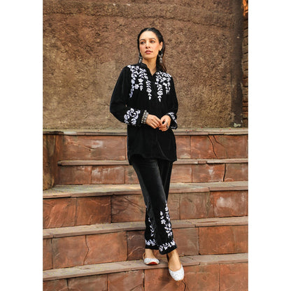 House of Chikankari Rumi Chikankari Velvet Black Straight Shirt with Pant (Set of 2)