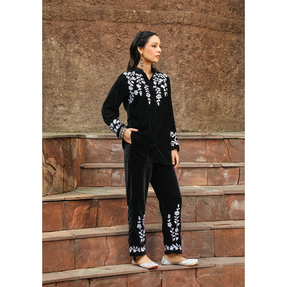 House of Chikankari Rumi Chikankari Velvet Black Straight Shirt with Pant (Set of 2)