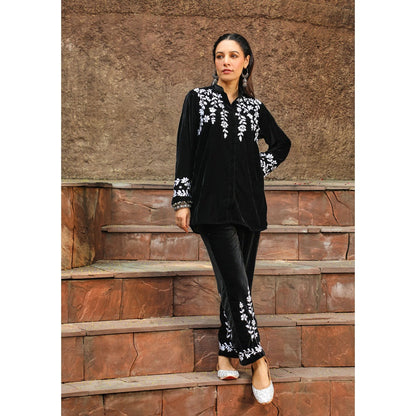 House of Chikankari Rumi Chikankari Velvet Black Straight Shirt with Pant (Set of 2)