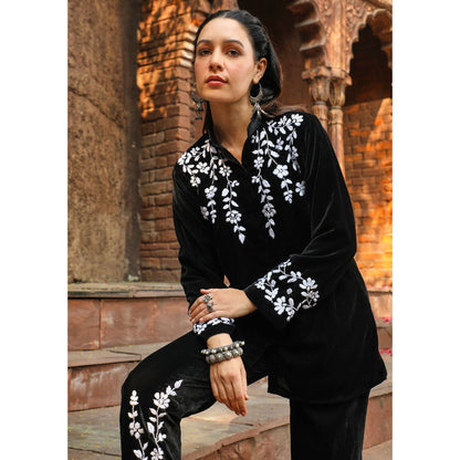 House of Chikankari Rumi Chikankari Velvet Black Straight Shirt with Pant (Set of 2)