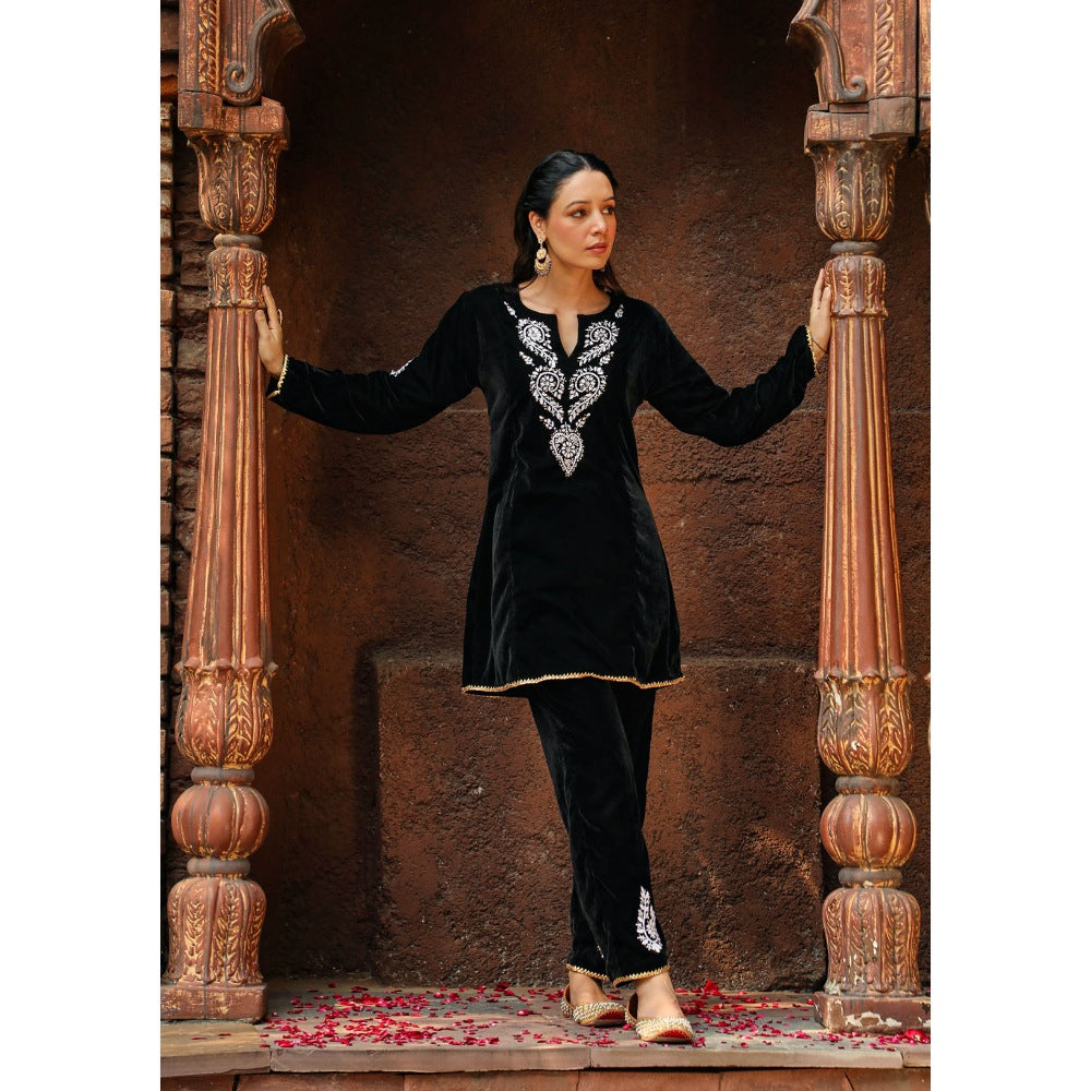 House of Chikankari Rumi Chikankari Velvet Black A-Line Short Kurta with Pant (Set of 2)