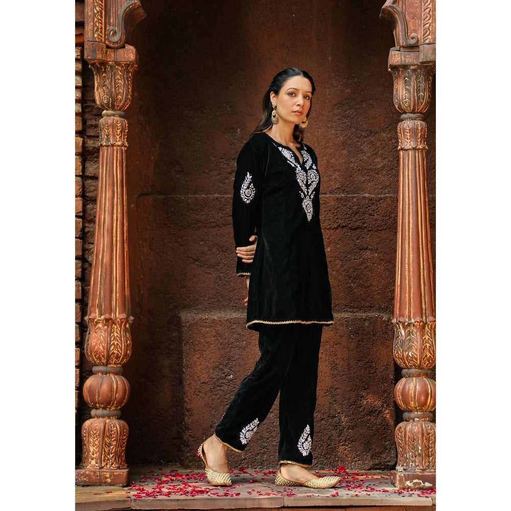 House of Chikankari Rumi Chikankari Velvet Black A-Line Short Kurta with Pant (Set of 2)