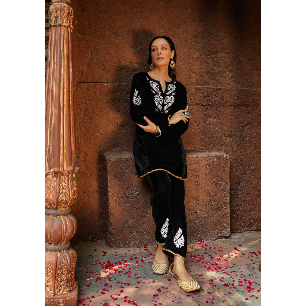 House of Chikankari Rumi Chikankari Velvet Black A-Line Short Kurta with Pant (Set of 2)