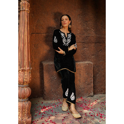 House of Chikankari Rumi Chikankari Velvet Black A-Line Short Kurta with Pant (Set of 2)