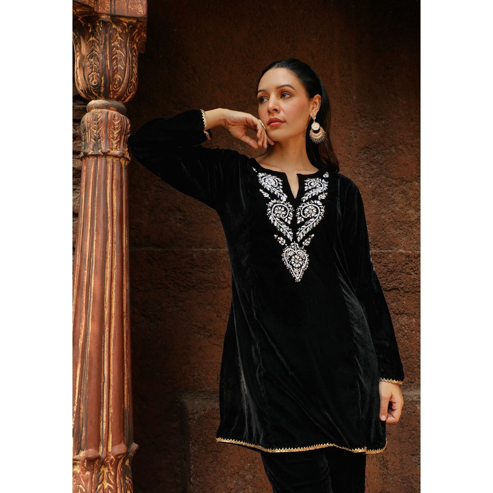 House of Chikankari Rumi Chikankari Velvet Black A-Line Short Kurta with Pant (Set of 2)