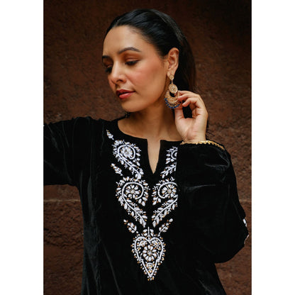 House of Chikankari Rumi Chikankari Velvet Black A-Line Short Kurta with Pant (Set of 2)