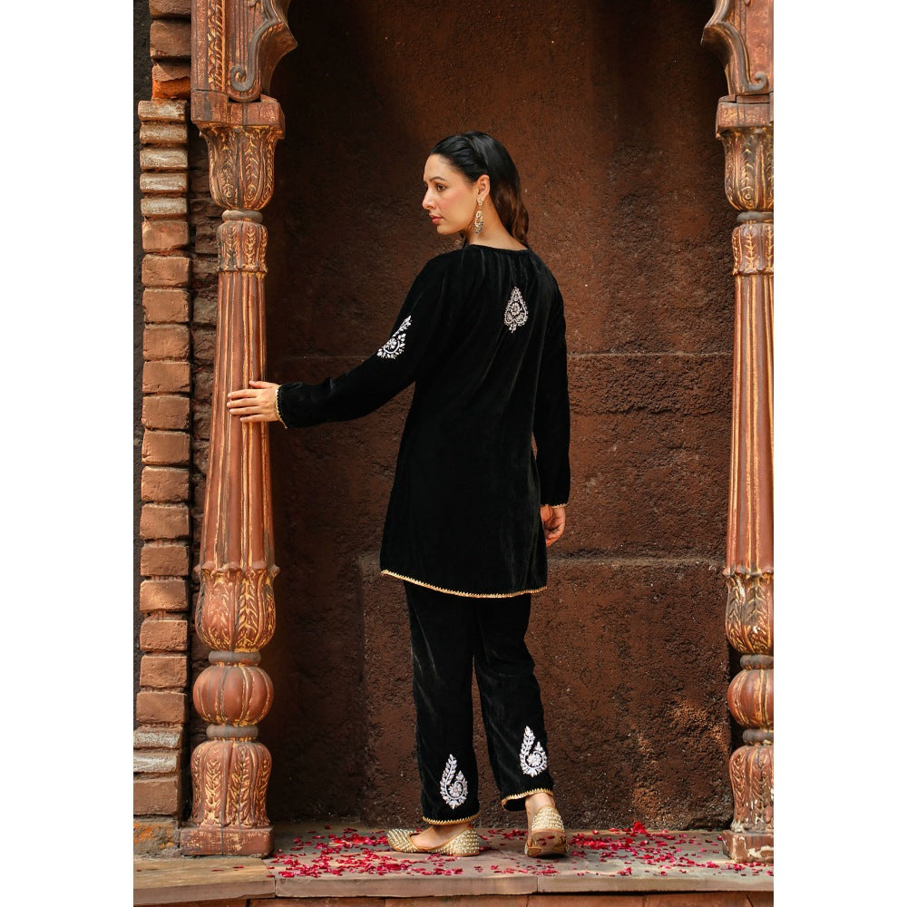 House of Chikankari Rumi Chikankari Velvet Black A-Line Short Kurta with Pant (Set of 2)