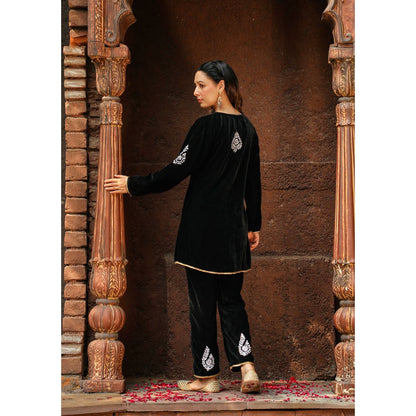 House of Chikankari Rumi Chikankari Velvet Black A-Line Short Kurta with Pant (Set of 2)