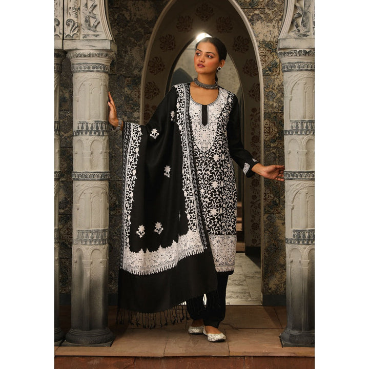 House of Chikankari Kasmira Aari woollen Straight Kurta with Pant and Dupatta (Set of 3)