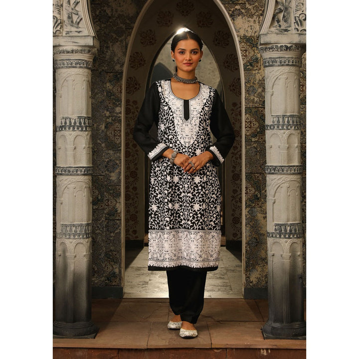 House of Chikankari Kasmira Aari woollen Straight Kurta with Pant and Dupatta (Set of 3)