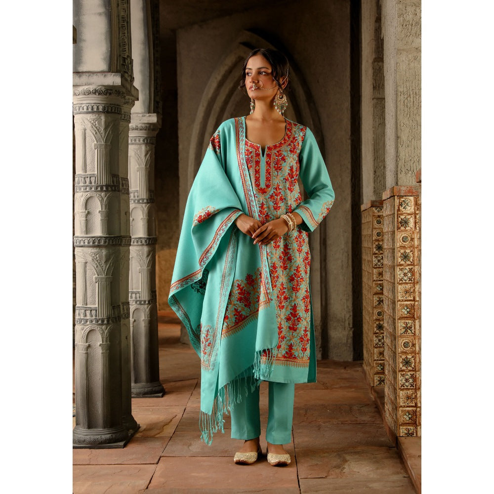 House of Chikankari Kasmira Aari woollen Straight Kurta with Pant and Dupatta (Set of 3)